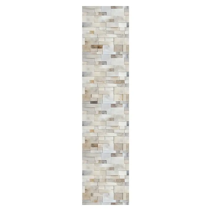 Papel pintado de vinilo autoadhesivo Paros - Beige, L x An: 280 x 65 cm - Primer plano de un revestimiento de pared con piedras rectangulares beige y grises, creando un patrón texturizado.