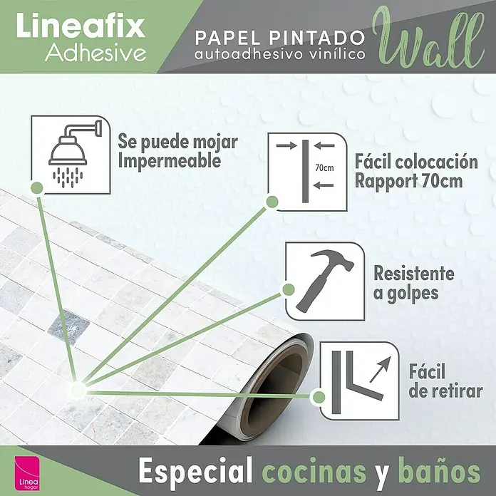 Papel pintado de vinilo autoadhesivo Mármol - Blanco, L x An: 280 x 65 cm - Papel pintado adhesivo Lineafix: Impermeable, fácil de colocar (Rapport 70cm), resistente a golpes y fácil de retirar. Ideal para cocinas y baños.