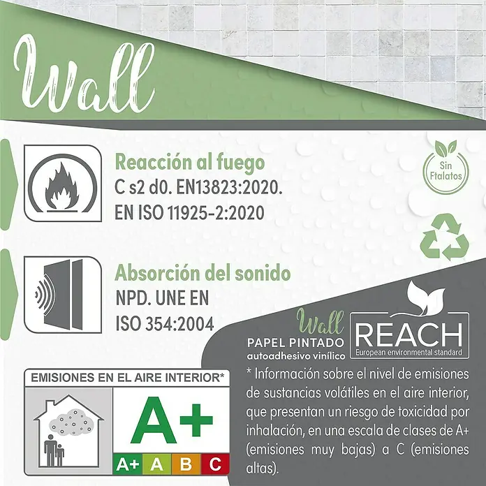 Papel pintado de vinilo autoadhesivo Mármol - Blanco, L x An: 280 x 65 cm - La imagen muestra los indicadores de rendimiento del papel pintado vinílico Wall, incluyendo resistencia al fuego, absorción de sonido y emisiones al aire.