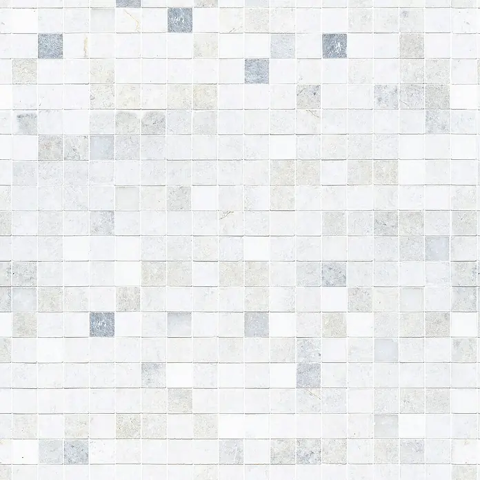 Papel pintado de vinilo autoadhesivo Mármol - Blanco, L x An: 280 x 65 cm - Imagen de una baldosa de mosaico blanca con piezas cuadradas en varios tonos de gris, creando un patrón elegante y texturizado para paredes y pisos.