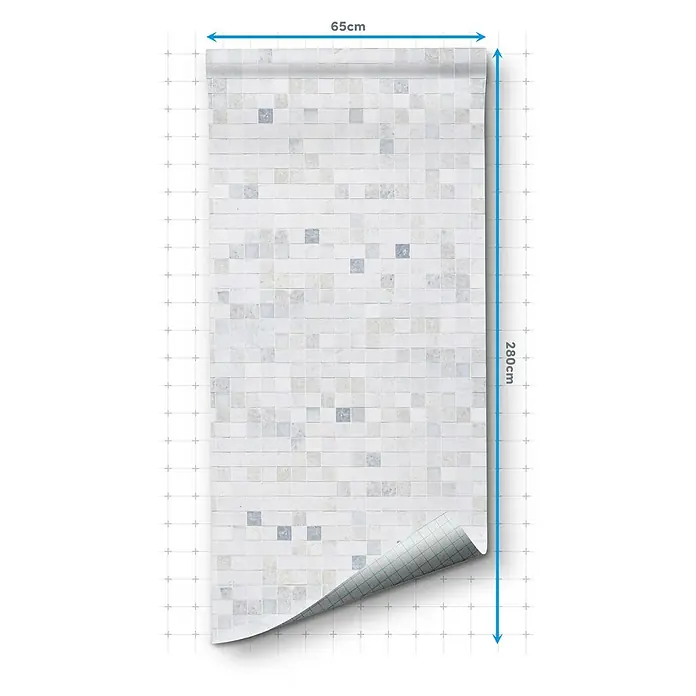 Papel pintado de vinilo autoadhesivo Mármol - Blanco, L x An: 280 x 65 cm - Imagen de un rollo de 65 cm x 280 cm con un diseño de mosaico blanco.