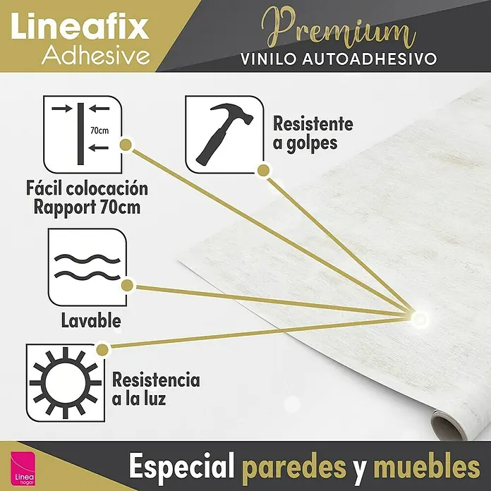 Lámina decorativa autoadhesiva vinílico Premium - 90 x 280 cm, Chalky, Gris - Imagen de un vinilo autoadhesivo Lineafix Premium, destacando las propiedades del producto y áreas de aplicación.