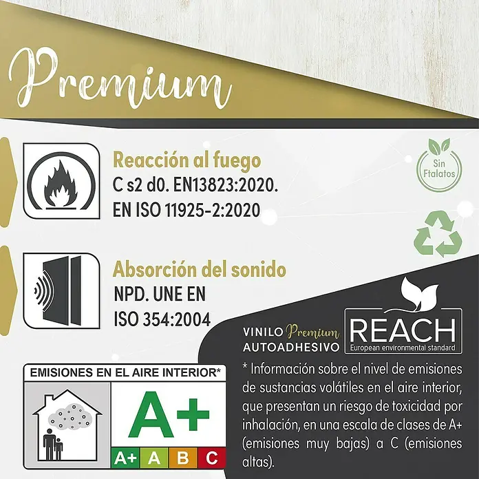 Lámina decorativa autoadhesiva vinílico Premium - 90 x 280 cm, Chalky, Gris - Información sobre suelo de vinilo Premium: clase de reacción al fuego, absorción acústica, clase de emisión A+ y certificación REACH.