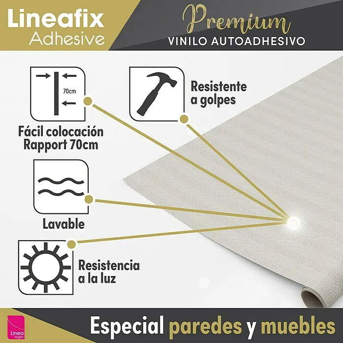Lámina decorativa autoadhesiva vinílico Premium - 90 x 280 cm, Calma, Marrón - Imagen de papel tapiz vinílico premium autoadhesivo Lineafix que muestra características del producto como fácil aplicación y lavable.