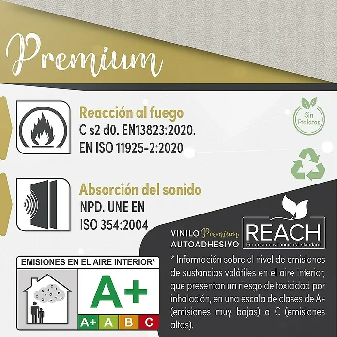 Lámina decorativa autoadhesiva vinílico Premium - 90 x 280 cm, Calma, Marrón - Información del producto: Vinilo autoadhesivo Premium con reacción al fuego C s2 d0, absorción acústica, clase de emisión A+ y certificación REACH.