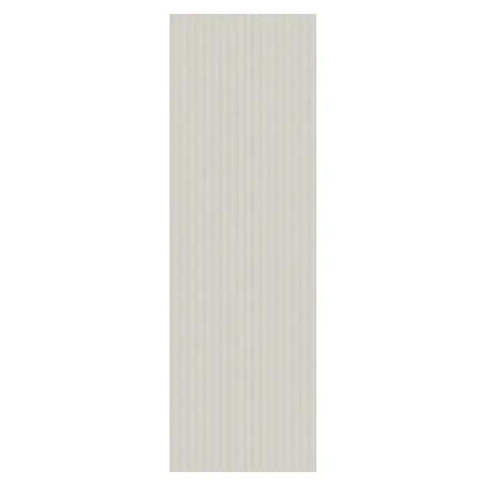 Lámina decorativa autoadhesiva vinílico Premium - 90 x 280 cm, Calma, Marrón - Primer plano de un panel acústico acanalado de color crema, que proporciona una textura elegante para la acústica de la sala.