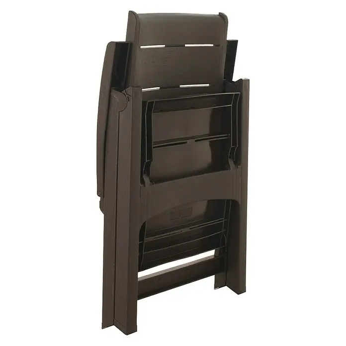 Sillón de posiciones Legno - 65 x 63 x 108 cm, Marrón, Polipropileno, Respaldo regulable - En la imagen, una silla plegable marrón, plegada para facilitar su almacenamiento, ideal para jardín, terraza o camping. Práctica y ahorra espacio.