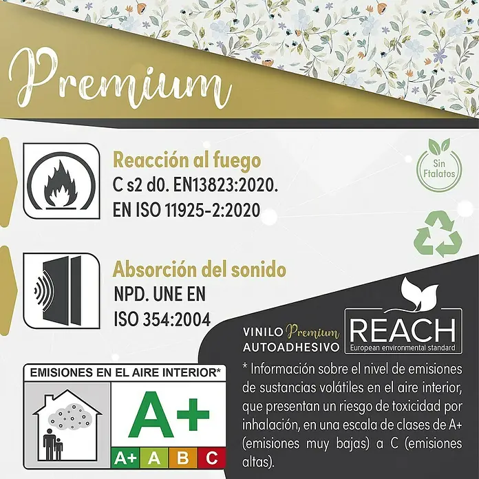 Lámina decorativa autoadhesiva vinílico Premium - 90 x 280 cm, Nastia, Multicolor - Imagen del producto que muestra certificaciones de protección contra incendios, aislamiento acústico, emisiones y REACH.