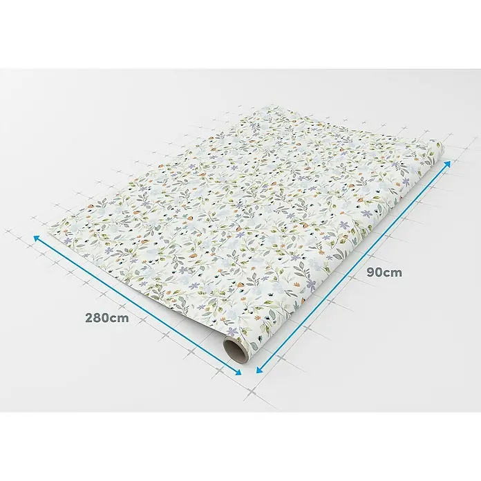Lámina decorativa autoadhesiva vinílico Premium - 90 x 280 cm, Nastia, Multicolor - Primer plano de un rollo de papel pintado con estampado floral que mide 280 cm x 90 cm, perfecto para decoración de paredes.