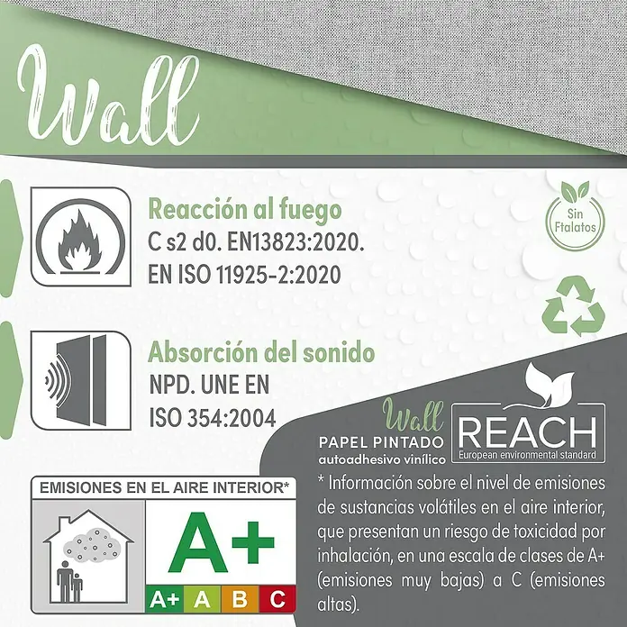 Papel pintado de vinilo autoadhesivo Prato - Gris, L x An: 280 x 65 cm - Información sobre el papel Wall con protección contra incendios, absorción acústica y bajas emisiones interiores.