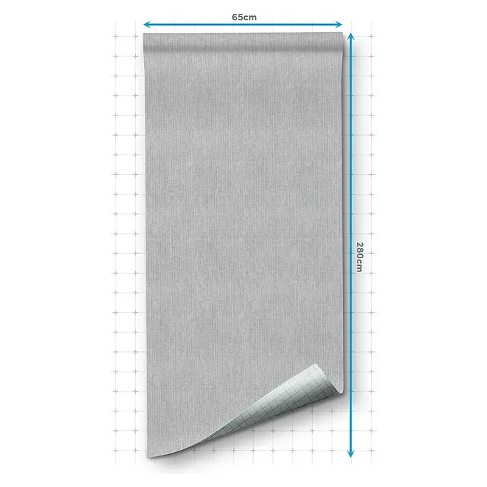 Papel pintado de vinilo autoadhesivo Prato - Gris, L x An: 280 x 65 cm - Imagen de un rollo de papel pintado de vinilo gris que mide 65cm x 280cm, ofreciendo un aspecto sutil y moderno para la decoración interior.