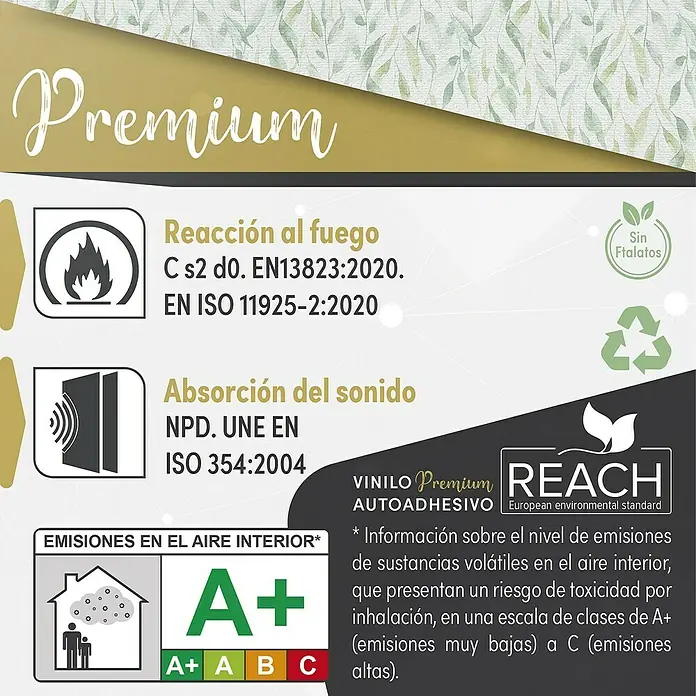 Lámina decorativa autoadhesiva vinílico Premium - 90 x 280 cm, Sauce, Verde - Información del producto: Film autoadhesivo de vinilo Premium con clase de protección contra incendios C s2 d0 y absorción acústica, baja emisión A+.