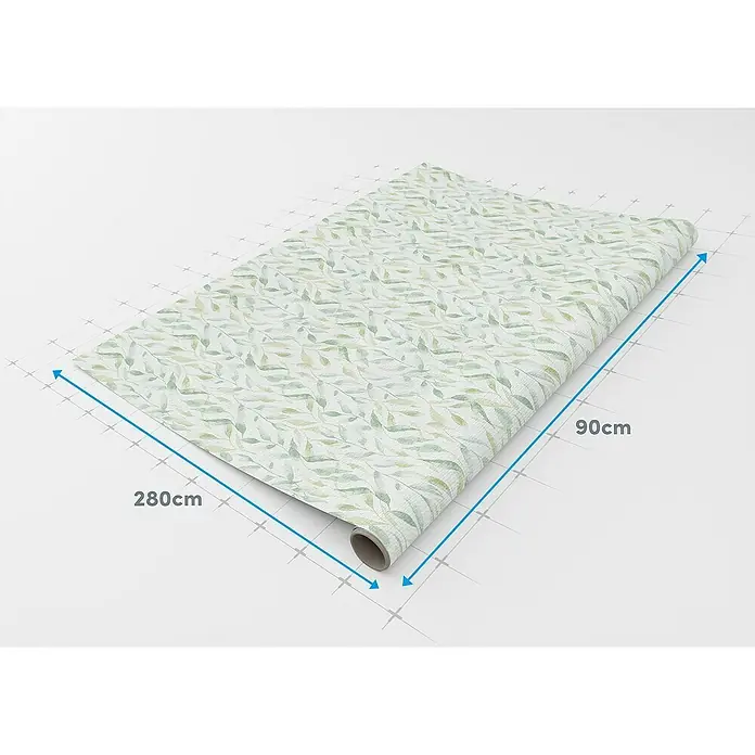 Lámina decorativa autoadhesiva vinílico Premium - 90 x 280 cm, Sauce, Verde - Un rollo de papel tapiz con un delicado diseño de hojas con indicaciones de tamaño (280cm x 90cm) sobre fondo claro.