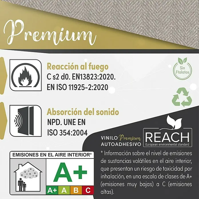 Lámina decorativa autoadhesiva vinílico Premium - 90 x 280 cm, Cima oscuro, Gris - Imagen del producto que detalla la resistencia al fuego, la absorción acústica y las emisiones del Vinilo Premium.