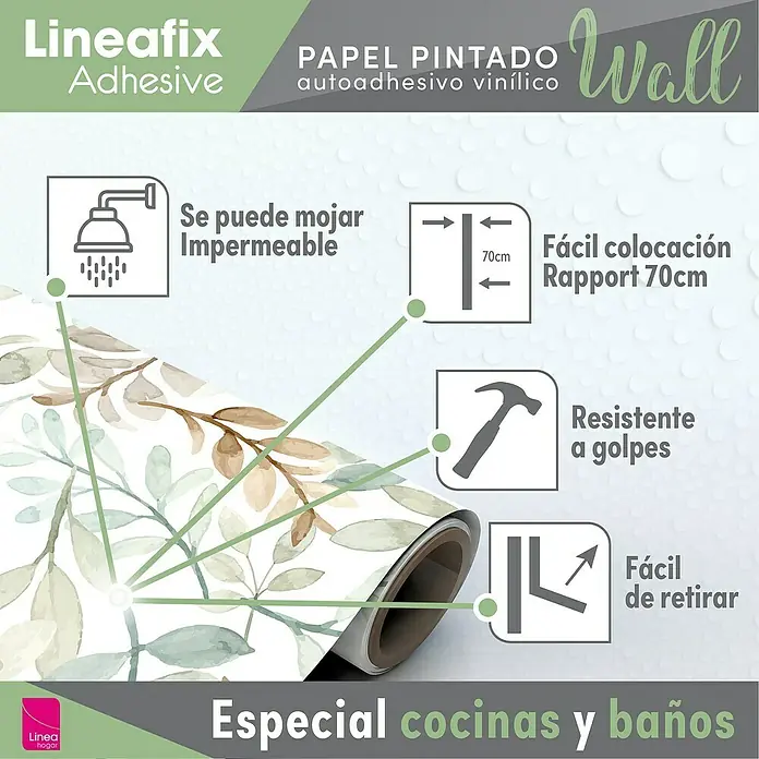 Papel pintado de vinilo autoadhesivo Hojas - Verde, L x An: 280 x 65 cm - Papel pintado Lineafix con diseño de hojas, que es impermeable, resistente, fácil de colocar y quitar. Ideal para cocinas y baños.