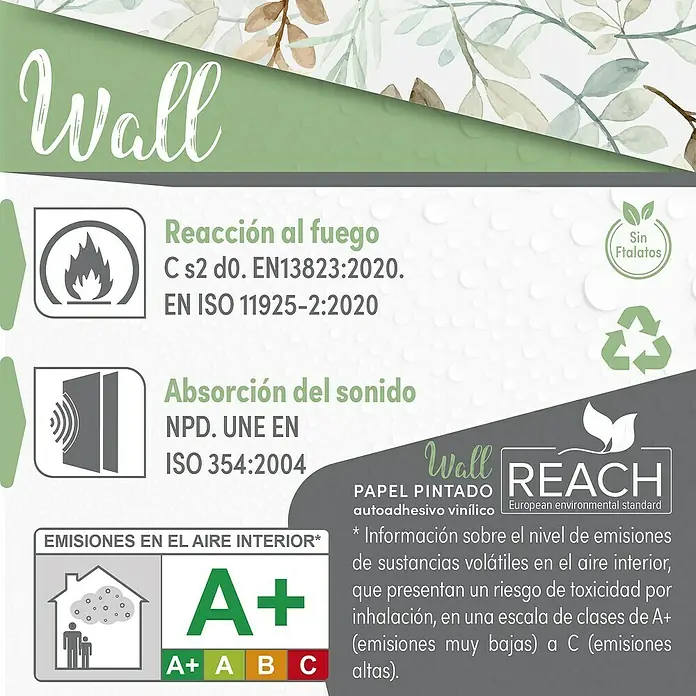 Papel pintado de vinilo autoadhesivo Hojas - Verde, L x An: 280 x 65 cm - Información sobre papel pintado vinílico autoadhesivo Wall, clase de protección contra incendios, absorción acústica, emisiones interiores A+ y certificación REACH.