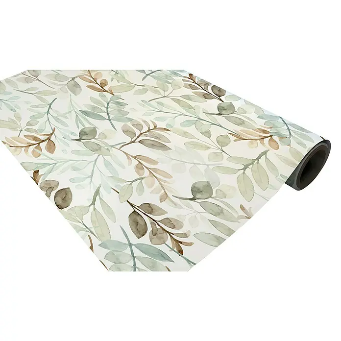 Papel pintado de vinilo autoadhesivo Hojas - Verde, L x An: 280 x 65 cm - Un primer plano muestra un elegante vinilo autoadhesivo con un diseño floral acuarela en suaves tonos de verdes y marrones.