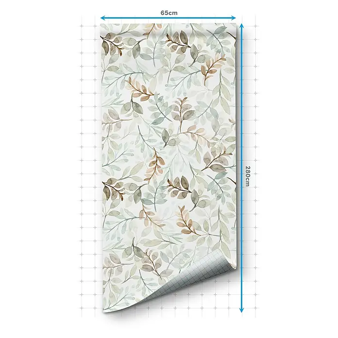 Papel pintado de vinilo autoadhesivo Hojas - Verde, L x An: 280 x 65 cm - Imagen del producto del papel pintado autoadhesivo con un patrón de hojas en tonos verdes y marrones, rollo de 65 x 280 cm para una fácil decoración de paredes.