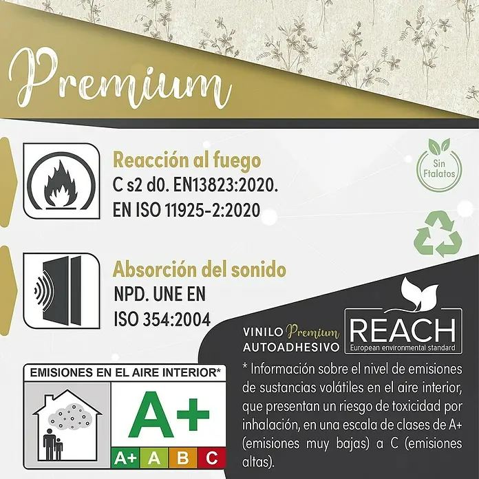 Lámina decorativa autoadhesiva vinílico Premium - 90 x 280 cm, Fiore, Beige - Papel pintado vinílico Premium con reacción al fuego C s2 d0, absorción acústica, clase A+ de emisión y certificación REACH para interiores.