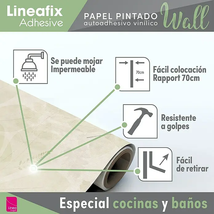 Papel pintado de vinilo autoadhesivo Demeter - Beige, L x An: 280 x 65 cm - Papel pintado autoadhesivo Lineafix, ideal para cocinas y baños. Es impermeable, fácil de colocar y quitar, y resistente a los golpes.