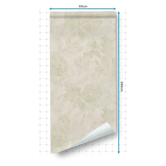 Papel pintado de vinilo autoadhesivo Demeter - Beige, L x An: 280 x 65 cm - Imagen de un rollo de papel tapiz con diseño de hojas, mide 65 cm de ancho y 280 cm de largo, perfecto para decoración de paredes.