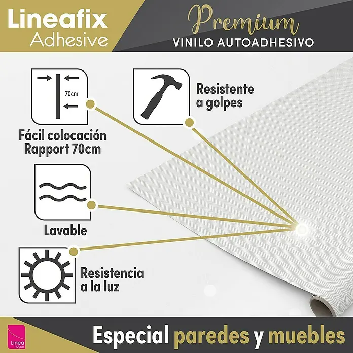 Lámina decorativa autoadhesiva vinílico Premium - 90 x 280 cm, Espiga, Gris - Imagen que muestra el vinilo autoadhesivo Lineafix Premium, destacando su fácil aplicación, lavabilidad y resistencia a la luz.