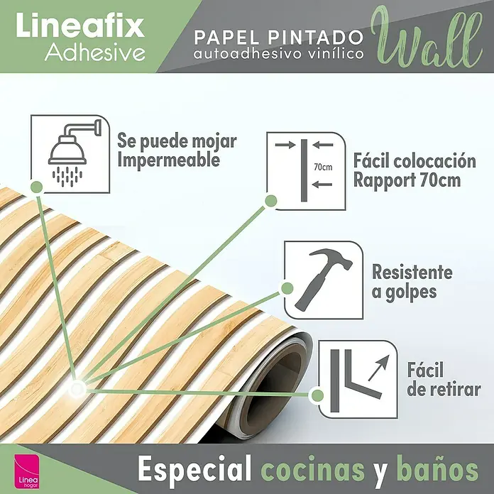 Papel pintado de vinilo autoadhesivo Listón - Marrón, L x An: 280 x 65 cm - Papel pintado de pared Lineafix, autoadhesivo y resistente al agua. Ideal para cocina y baño, fácil de instalar y retirar, resistente y con diseño de madera.