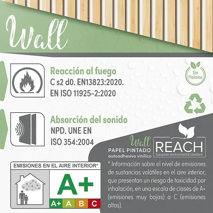 Papel pintado de vinilo autoadhesivo Listón - Marrón, L x An: 280 x 65 cm - Etiqueta de certificaciones para papel pintado vinílico autoadhesivo: emisiones A+ aire interior, reacción al fuego, absorción sonora, sin ftalatos y conforme a REACH.