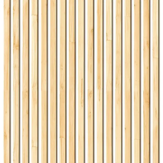 Papel pintado de vinilo autoadhesivo Listón - Marrón, L x An: 280 x 65 cm - Primer plano de listones verticales de bambú en tonos claros con sombras sutiles que resaltan la profundidad y la textura del material natural.