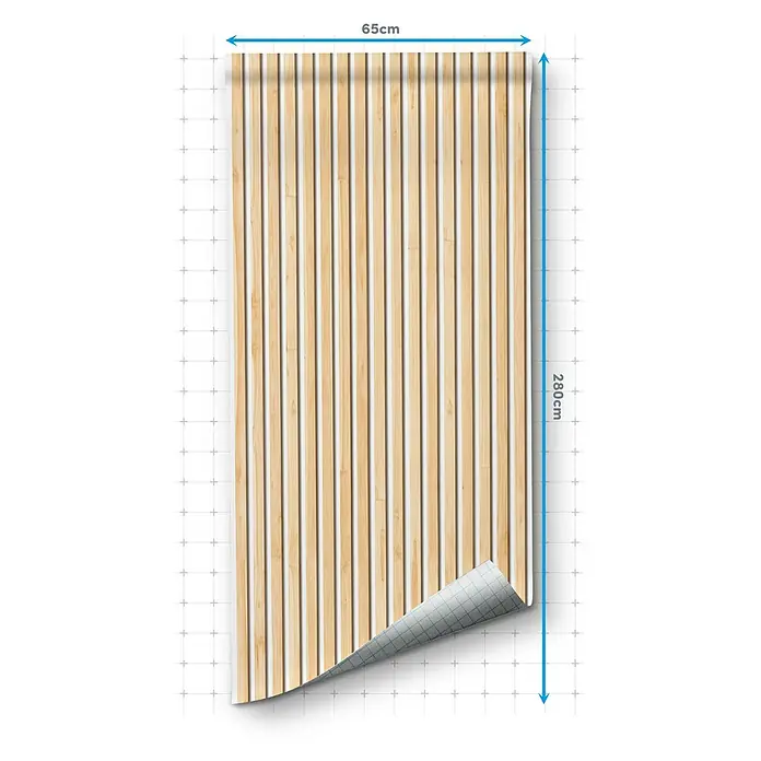 Papel pintado de vinilo autoadhesivo Listón - Marrón, L x An: 280 x 65 cm - Imagen de un rollo de papel pintado de paneles de madera de 65 cm de ancho y 280 cm de alto. Ideal para un diseño de pared natural.