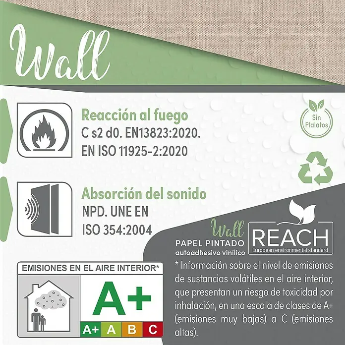 Papel pintado de vinilo autoadhesivo Prato - Beige, L x An: 280 x 65 cm - Vista detallada de las características del producto del papel pintado Wall, incluyendo la clase de protección contra incendios y absorción acústica.
