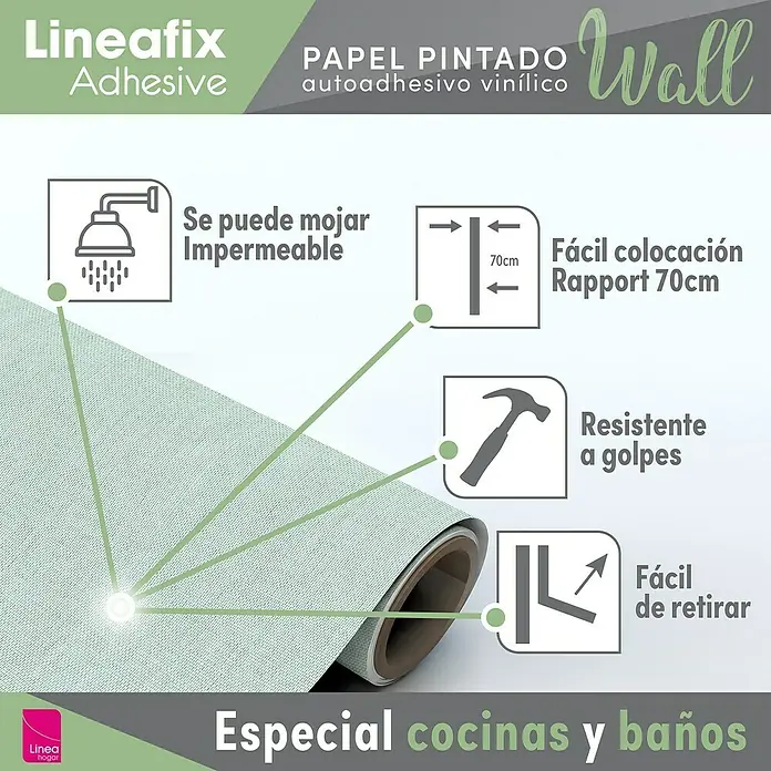 Papel pintado de vinilo autoadhesivo Prato - Turquesa, L x An: 280 x 65 cm - Lineafix Adhesive Wall: El papel pintado de vinilo autoadhesivo es impermeable, resistente a los golpes, fácil de colocar (Rapport 70cm) y de retirar, perfecto para cocinas y baños.