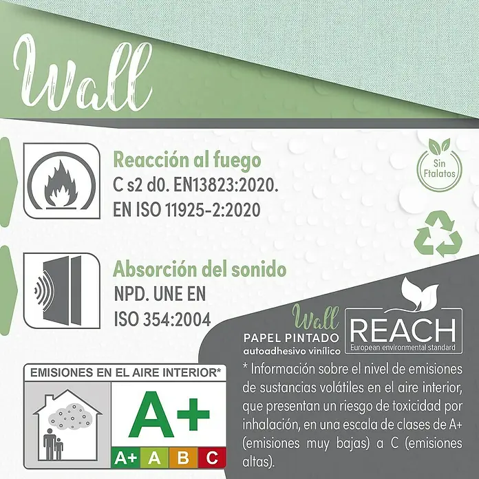 Papel pintado de vinilo autoadhesivo Prato - Turquesa, L x An: 280 x 65 cm - Información sobre las características del papel pintado vinílico autoadhesivo Wall, como la resistencia al fuego, la absorción del sonido y la calificación de emisión A+.