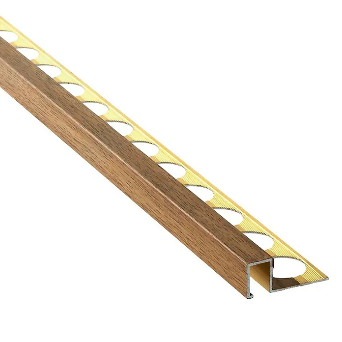 Perfil cuadrado multiusos - Aluminio, Roble claro, 12 mm - Perfil de remate para azulejos con aspecto de madera y detalles dorados. Para un acabado elegante en interiores.