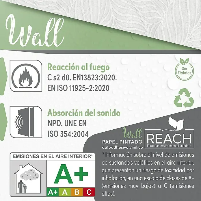Papel pintado de vinilo autoadhesivo Ojaldre - Gris, L x An: 280 x 65 cm - Información del producto para el papel pintado vinílico autoadhesivo Wall, incluyendo emisiones, protección contra incendios, absorción acústica y estándar REACH.