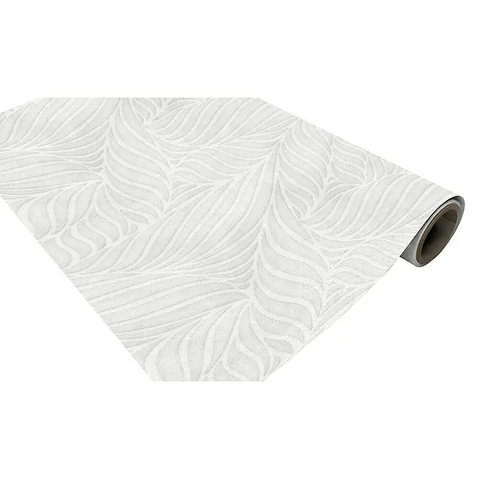 Papel pintado de vinilo autoadhesivo Ojaldre - Gris, L x An: 280 x 65 cm - Imagen de alta resolución de un rollo de papel tapiz con un elegante patrón de hojas blancas, ideal para la decoración de paredes interiores con estilo.