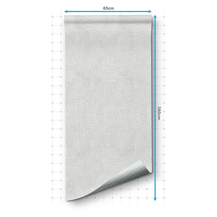 Papel pintado de vinilo autoadhesivo Ojaldre - Gris, L x An: 280 x 65 cm - Imagen de un rollo de papel pintado con un diseño de hojas blancas, con dimensiones de 65 cm de ancho y 280 cm de largo.