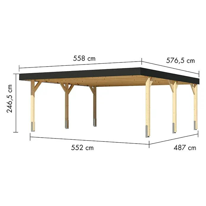 Karibu Carport 1 - Außenmaß inkl. Dachüberstand (B x T): 5,58 x 5,76 m, Doppelcarport, Naturbelassen - Hölzernes Carport mit schwarzem Flachdach, Hauptmaße sichtbar.