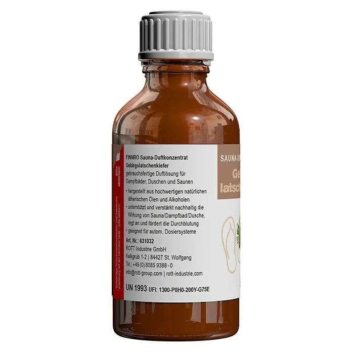 Eilo Sauna- & Dampfbadduft - Duft: Minzige Herbstfrische, 50 ml - Braune Flasche FINNRO Sauna-Duftkonzentrat mit grauem Verschluss und Etikett für Gebirgslatschenkiefer-Duft.