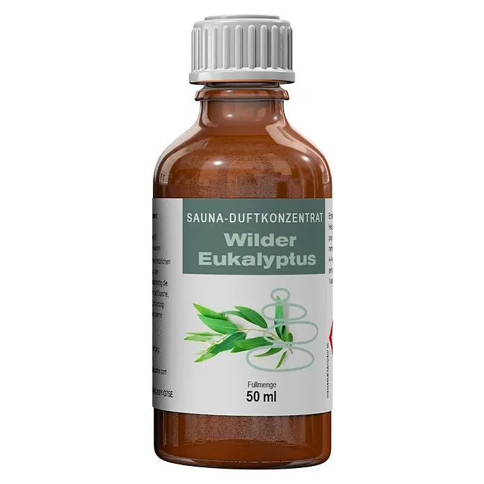 Eilo Sauna- & Dampfbadduft - Duft: Wilder Eukalyptus, 50 ml - Braune Flasche mit weißem Verschluss, 50ml Sauna-Duftkonzentrat, Wilder Eukalyptus.