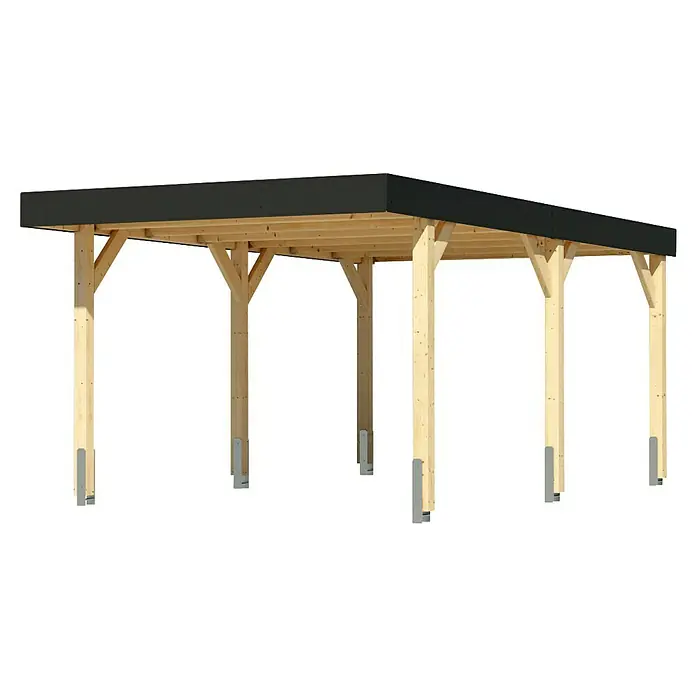 Karibu Carport 1 - Außenmaß inkl. Dachüberstand (B x T): 3,18 x 5,76 m, Naturbelassen - Holz-Überdachungsrahmen mit flachem schwarzem Dach und Stützpfosten.