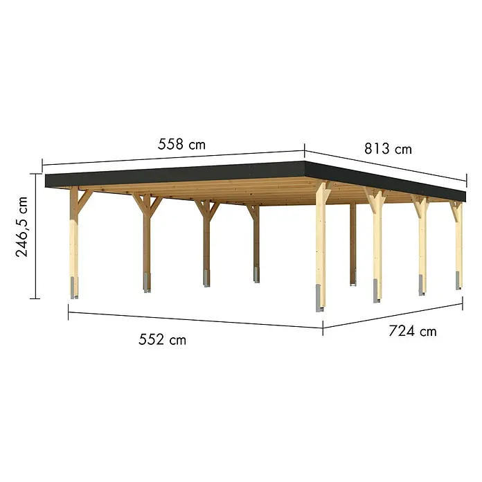 Karibu Carport 2 - Außenmaß inkl. Dachüberstand (B x T): 5,58 x 8,13 m, Doppelcarport, Naturbelassen - Hölzernes Carport mit schwarzem Dach, mit Gesamtmaßen.