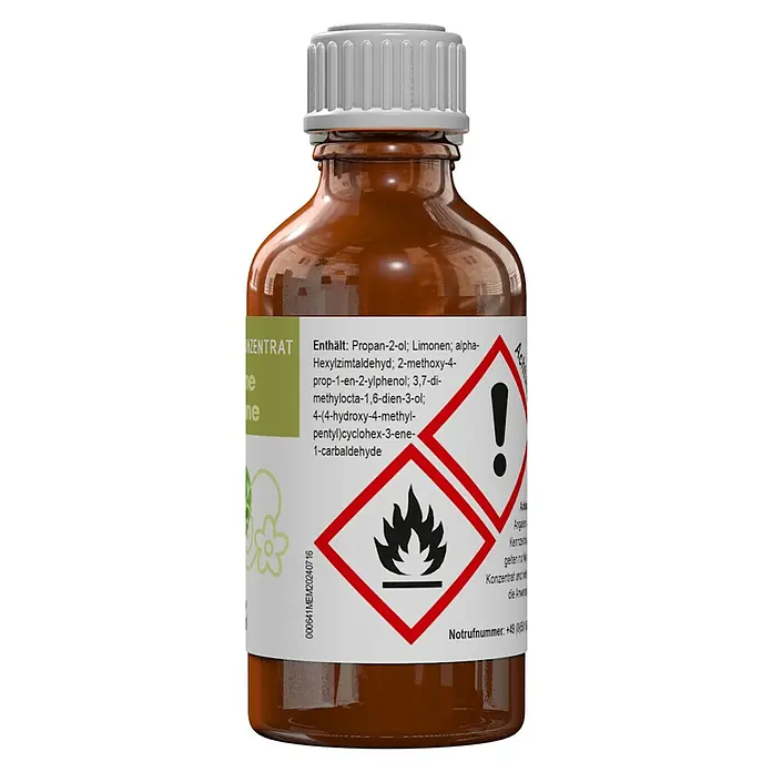 Eilo Sauna- & Dampfbadduft - Duft: Minzige Herbstfrische, 50 ml - Braune Glasflasche mit weißem Deckel und Etikett, das Gefahrensymbole für brennbare Flüssigkeit/Konzentrat zeigt.