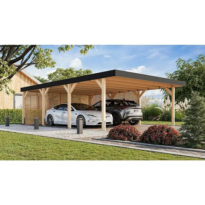Karibu Carport 2 - Außenmaß inkl. Dachüberstand (B x T): 5,58 x 8,13 m, Doppelcarport, Naturbelassen - Geräumiger Carport aus Holz mit zwei Stellplätzen, der Schutz für Ihre Fahrzeuge bietet. Das naturbelassene Holz fügt sich gut in den Garten ein.
