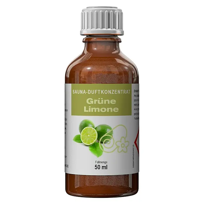 Eilo Sauna- & Dampfbadduft - Duft: Grüne Limone, 50 ml - Braune Glasflasche mit weißem Deckel für Sauna-Duftkonzentrat, mit grün-weißem "Grüne Limone" Etikett, 50 ml.