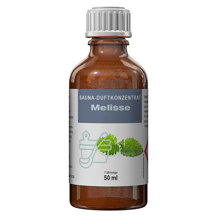 Eilo Sauna- & Dampfbadduft - Duft: Melisse, 50 ml - Braune Glasflasche Melisse Saunaduftkonzentrat mit weißem gerippten Verschluss und Beschriftung "50 ml".