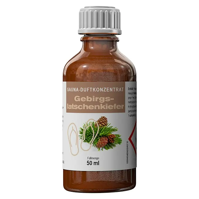 Eilo Sauna- & Dampfbadduft - Duft: Latschenkiefer, 50 ml - Braune Glasflasche mit geriffelter weißer Kappe und weißem Etikett für Sauna-Duftkonzentrat. Zeigt Gebirgslatschenkiefer, Zapfen und 50 ml.