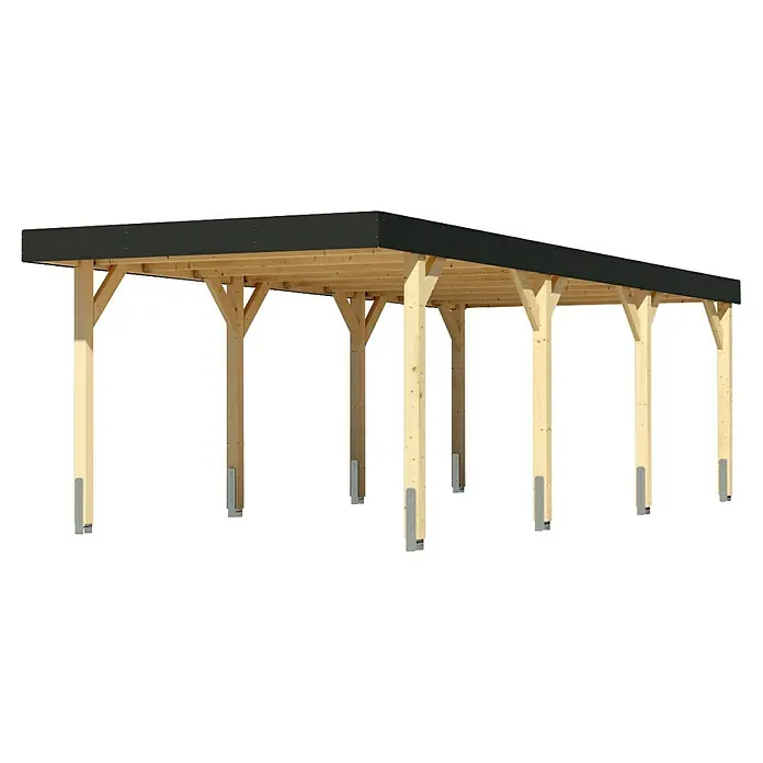 Karibu Carport 2 - Außenmaß inkl. Dachüberstand (B x T): 3,18 x 8,13 m, Naturbelassen - Hölzerner Unterstand mit dunklem Dach und hellem Holzrahmen auf Metallfüßen.