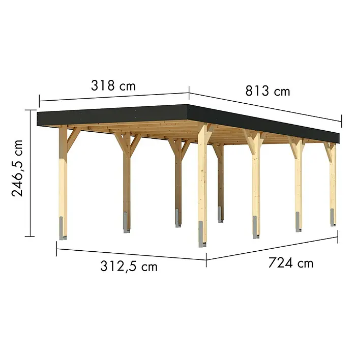 Karibu Carport 2 - Außenmaß inkl. Dachüberstand (B x T): 3,18 x 8,13 m, Naturbelassen - Hölzerne Pergola mit dunklem Dach und angegebenen Maßen.