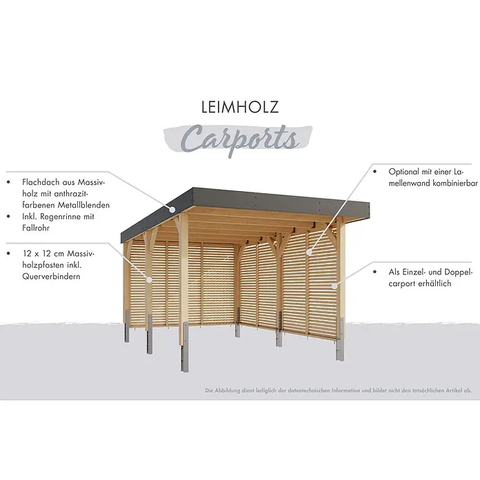 Karibu Carport 2 - Außenmaß inkl. Dachüberstand (B x T): 5,58 x 8,13 m, Doppelcarport, Naturbelassen - Hölzernes Carport mit dunklem Flachdach, Massivholzpfosten und Lamellen-Seitenwänden.